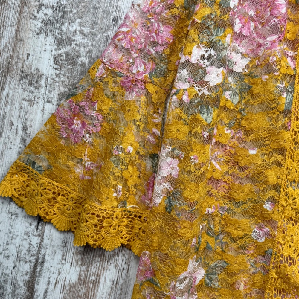 Jolie & Joy Floral Lace Kimono Cardigan Yellow Pink Bell Sleeve Large Feminine - Picture 6 of 12